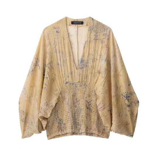 V-neck wide sleeved printed loose fit shirt for women