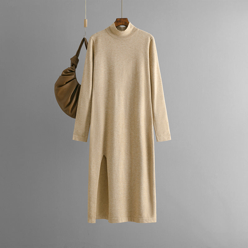 Half high neck new knitted dress for women in autumn and winter, solid color slit, long sleeves with bottom, long pants, and a woolen skirt underneath