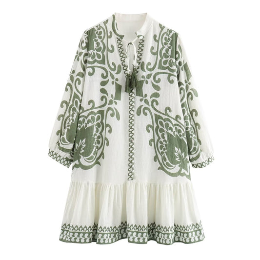 Fashionable temperament linen print loose A-line short skirt dress for women